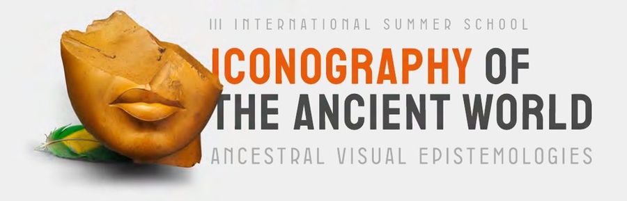 Arte da III International Summer School Iconography of the Ancient World, com fragmento de escultura antiga e uma pena