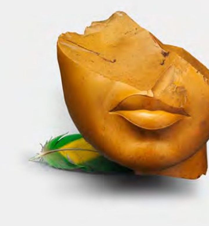 Fragmento de rosto esculpido em pedra amarela, ao lado de uma pena verde e amarela, da arte da Summer School de iconografia