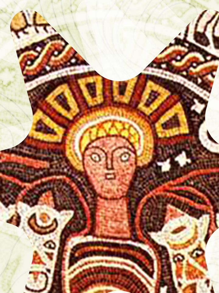 Detalhe de mosaico antigo com figura solar coroada de raios, do cartaz do simpósio sobre o zodíaco