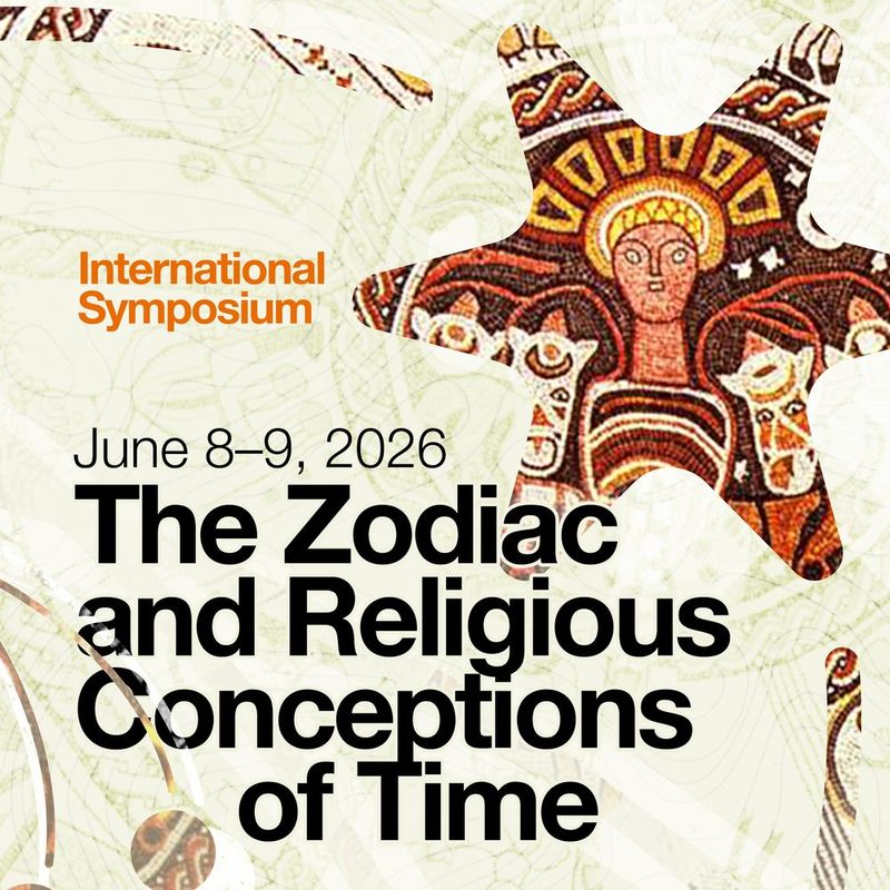 Cartaz do simpósio The Zodiac and Religious Conceptions of Time, com detalhe de mosaico zodiacal antigo